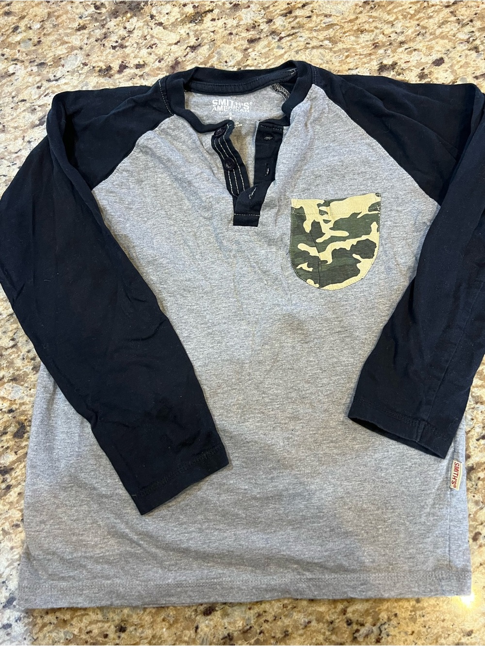 Boys Long Sleeve Henley with Camo Pocket - Gray & Black